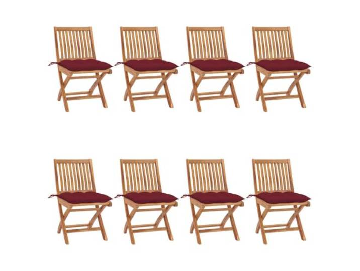 KUTYWEXFM Klappbare Gartenstühle 8er Set Teakholz Essstühle mit Kissen Platzsparend klappbare Sitzgruppe für Terrasse und Veranda, gefertigt aus feingeschliffenem Holz mit weinroten Polstern.