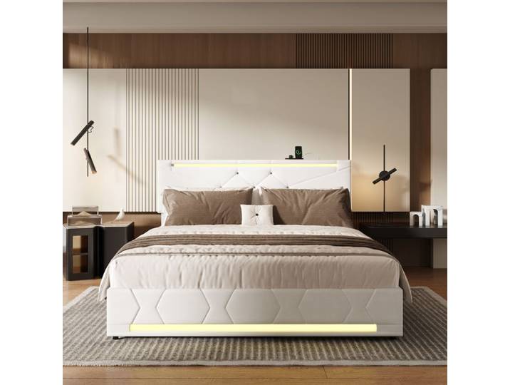 Lit coffre 160x200 Lit double 160 x 200 cm avec USB et LED litcoffre 160x200 coffre Lit 160x200 cm avec sommier 2 places Lin Beige
