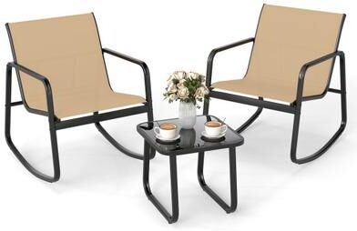 Costway 2 Rocking Bistro Chairs and Glass-Top Table for Porch Yard Balcony-Brown