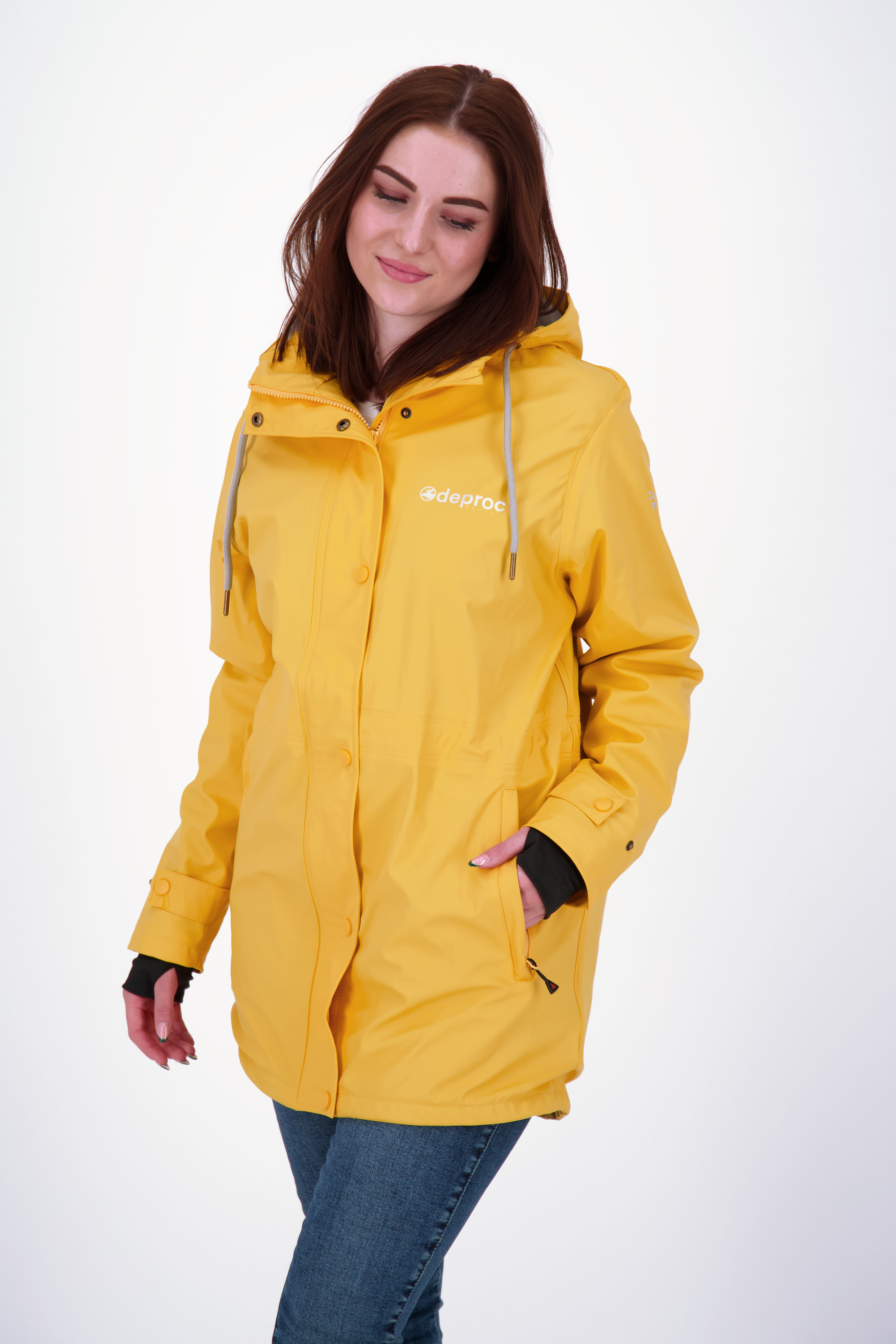 Regenjacke DEPROC ACTIVE "Friesennerz NEW ELLESMERE", Damen, Gr. 40/42 (M), gelb, Web, 100% Polyester, figurumspielend hüftbedeckend, gerader Abschluss mit Druckknopf, Jacken Regenjacke, auch in Großen Größen erhältlich