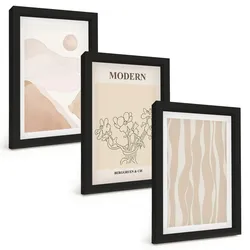 BILDER SET 3er Set - 20x30 cm Schwarzer Rahmen - Abstrakte Formen und Farben