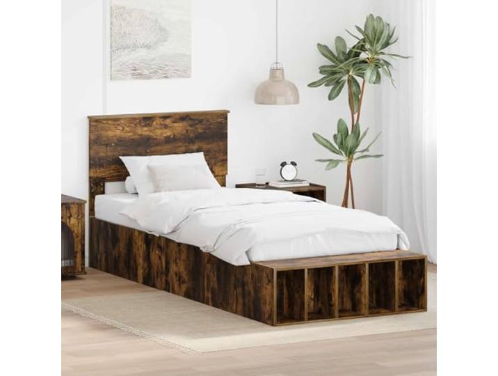 RJPLMFV Bettgestell, 90 x 190 cm, Raucheiche Mit Aufbewahrungsschubladen, verstellbaren Füßen, Integriertem Kopfteil, Holz, wasserfest