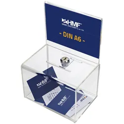 HMF 46912 Acryl Spendenbox abschließbar, 15,5 x 11 x 11 cm, DIN A6 Blatteinschub, Transparent