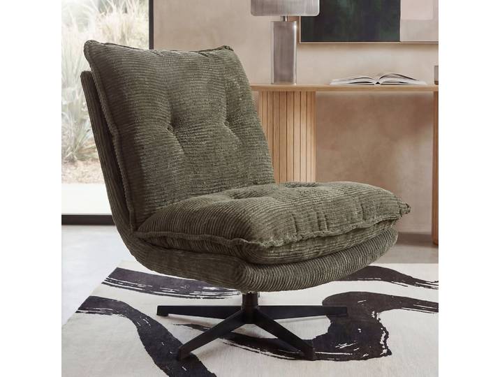 Fauteuil pivotant vert kaki et pied en acier noir