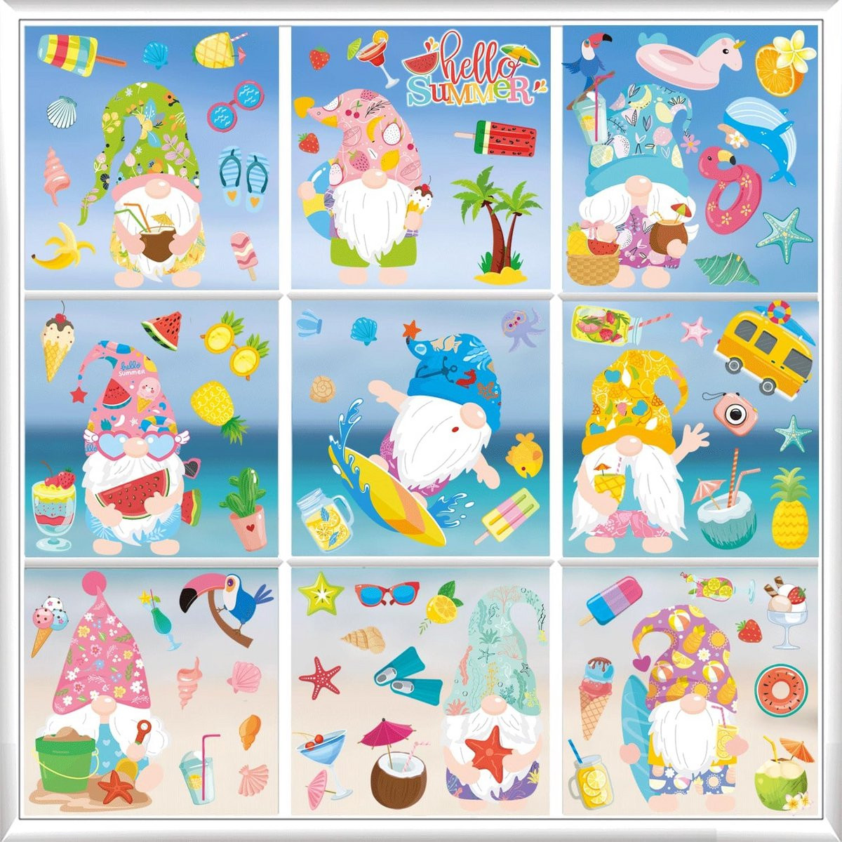 Zomer Strand Raamstickers met Tropische Hawaii en Palmboom Decoratie - 9 Vellen