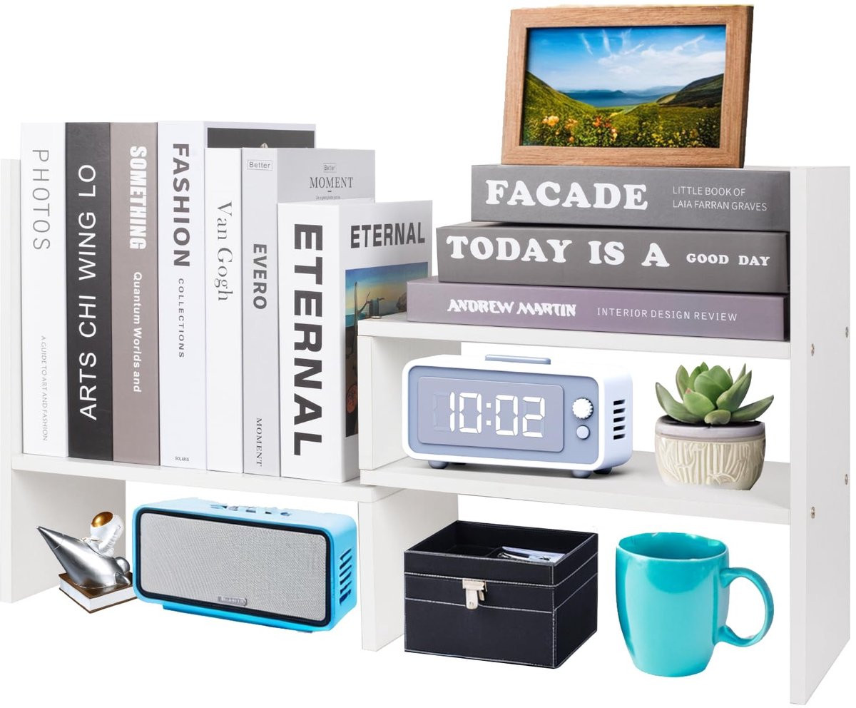 SnelShoppen Verstelbare Houten Boekenplank en Bureau Opbergorganisator, Wit