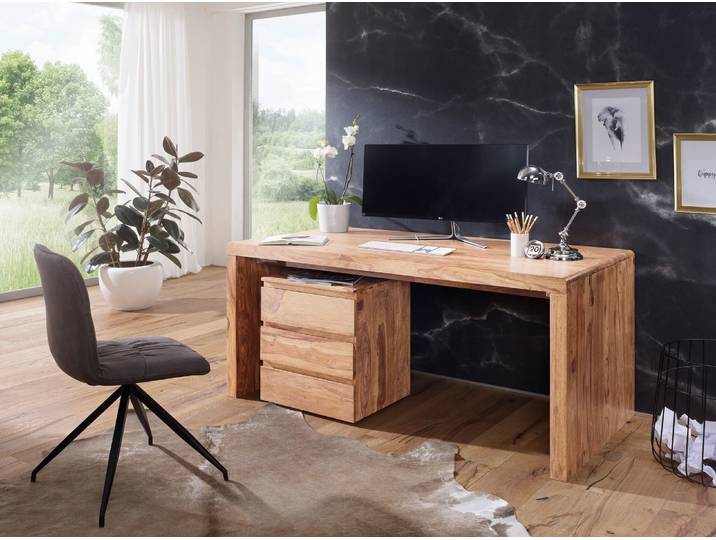 Wohnling Bureau design en acacia naturel massif 140 x 80 x 76 cm WL1.468