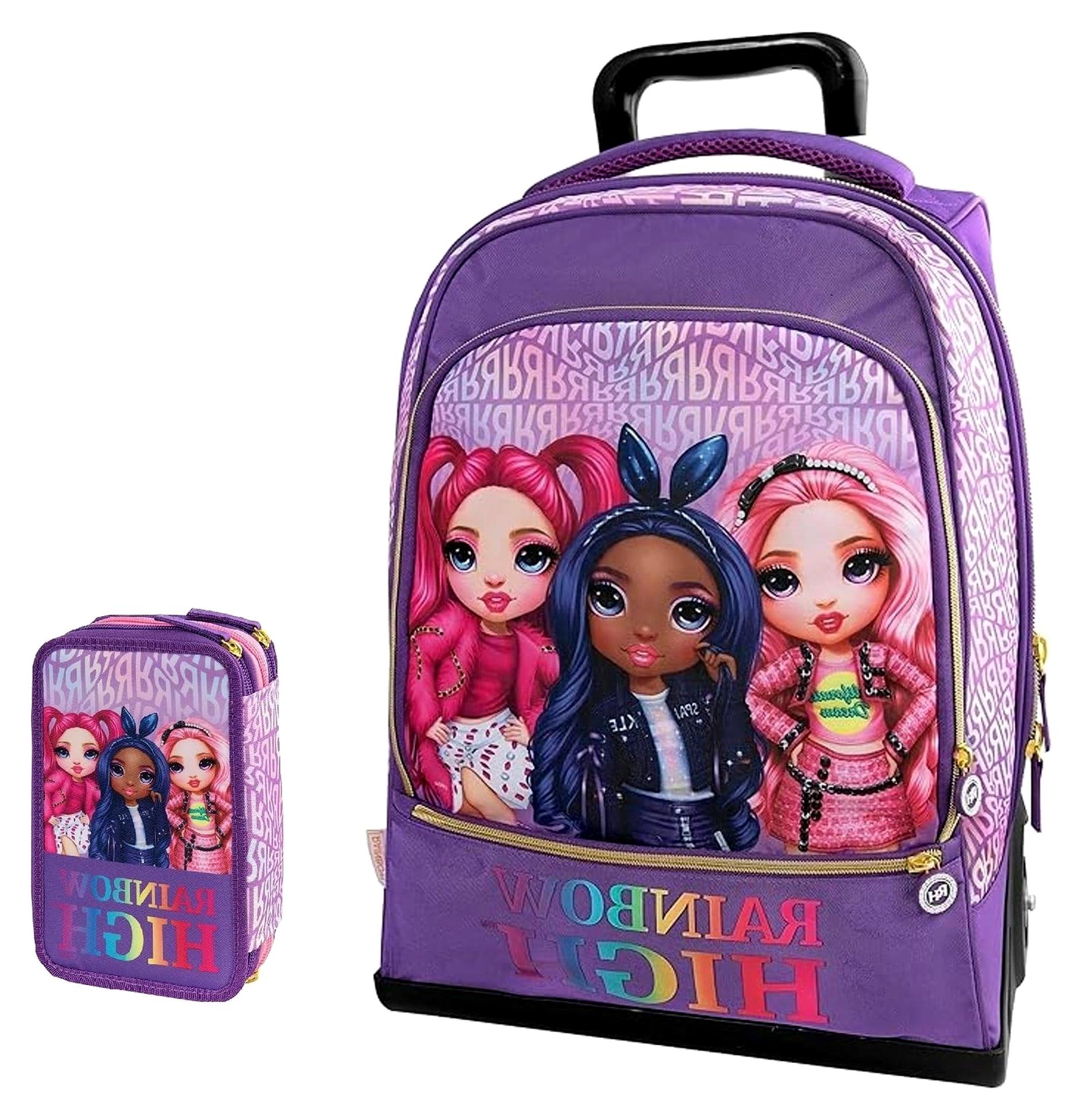 Trolley Rainbow High Violett, 2 Fächer, gepolsterte Schultergurte, für Mädchen, Grund- und Mittelschule + Federmäppchen 3 Etagen + Schlüsselanhänger mit Pailletten und 7 mehrfarbigen