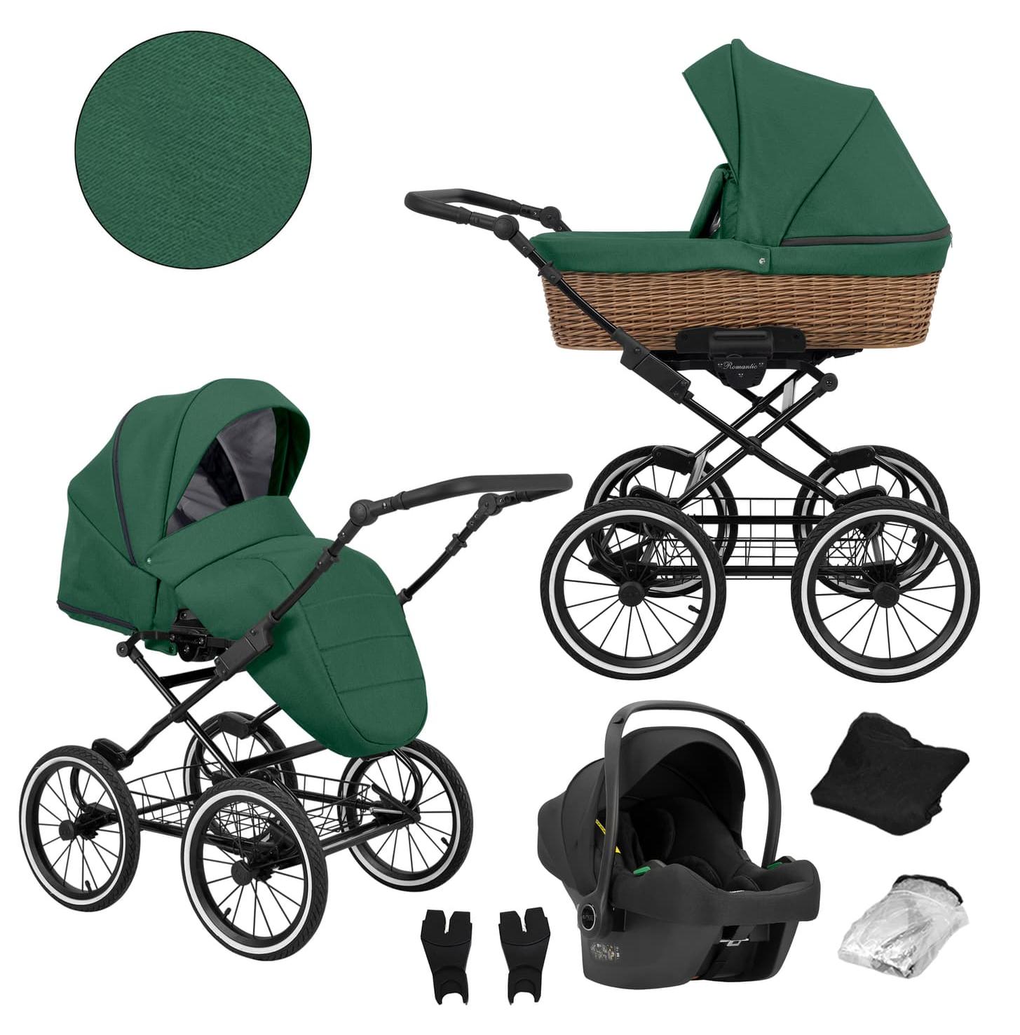 Kinderwagen Kunert Romantic Classic 3in1 - Babywanne aus Naturweide, Sportsitz, Autositz Cosmo - schwarzes Gestell - Farbe: ROM-05