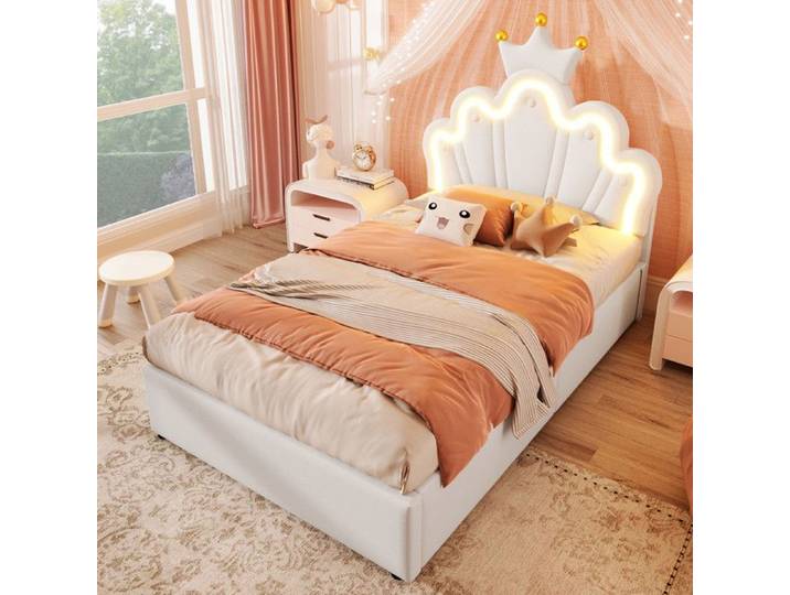 Lit enfant rembourré - MODERNLUXE - 90x200 cm - LED - Tête réglable - Coffre blanc