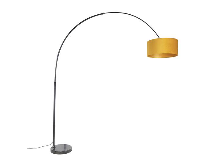 Lampe à arc noire avec abat-jour en velours jaune ocre et or 50