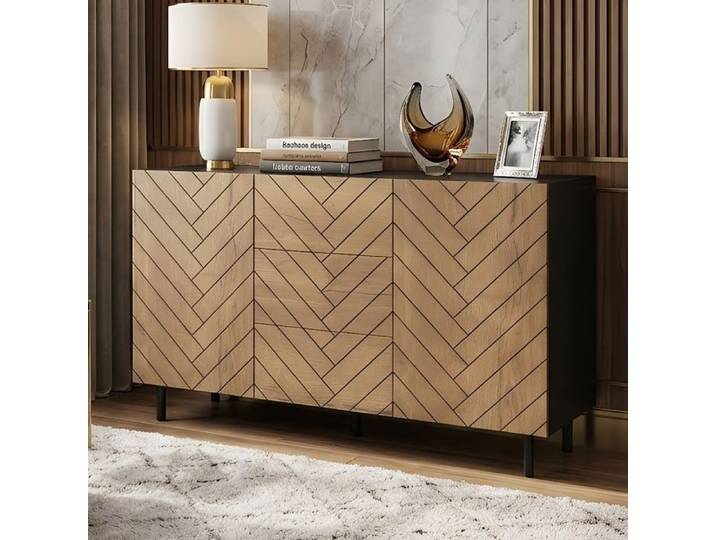 Commode Sideboard Bois et Noir 120x40x76cm 3 Grandes Tiroirs Coulissants & 2 Placards Charnières Silencieuses Style Moderne