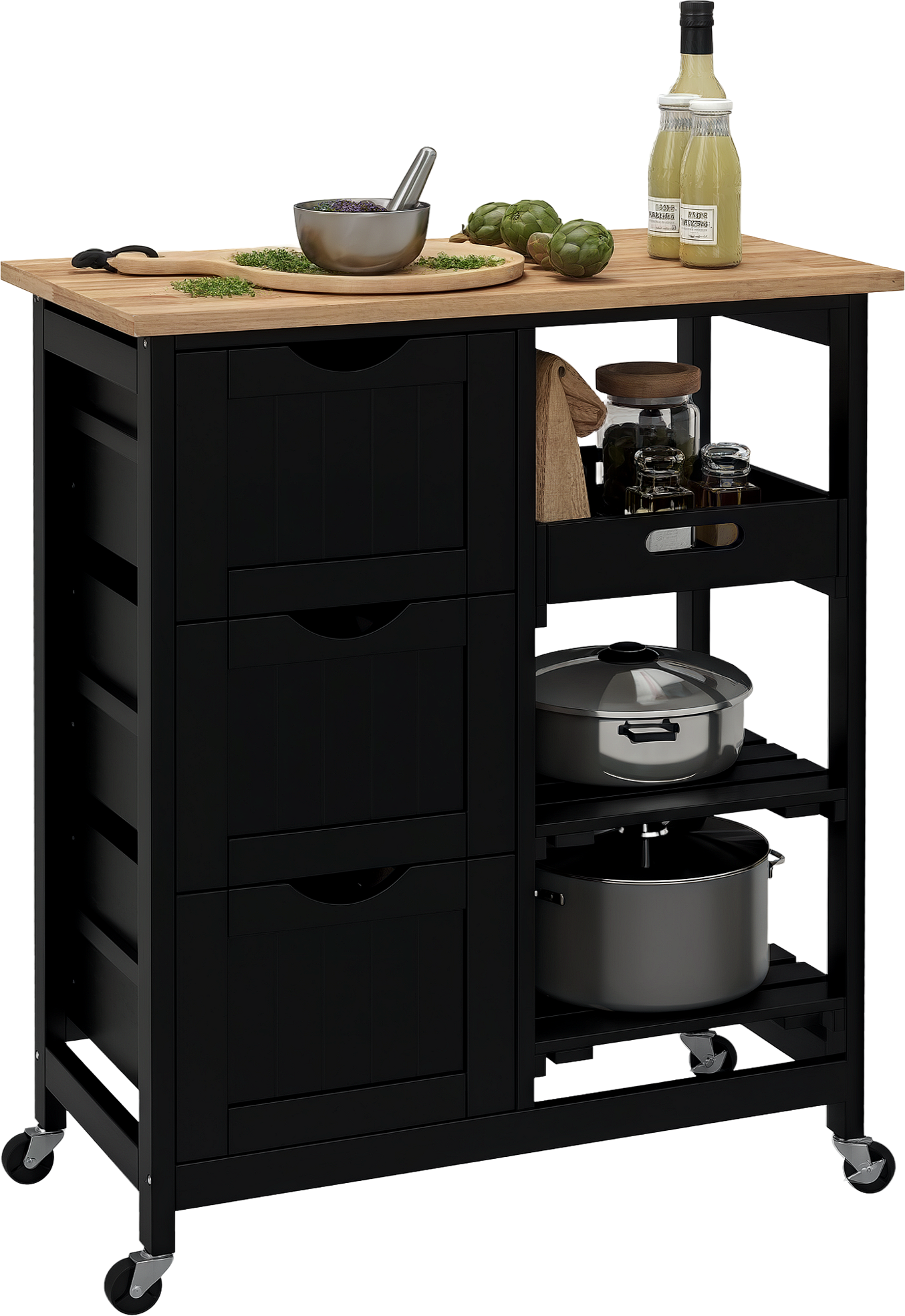 Homcom Carrello da Cucina Carrello Ausiliario con Ruote con 3 Cassetti 2 Ripiani Aperti e Vassoio Estraibile 67x37x85,5 cm Nero   Aosom Italy