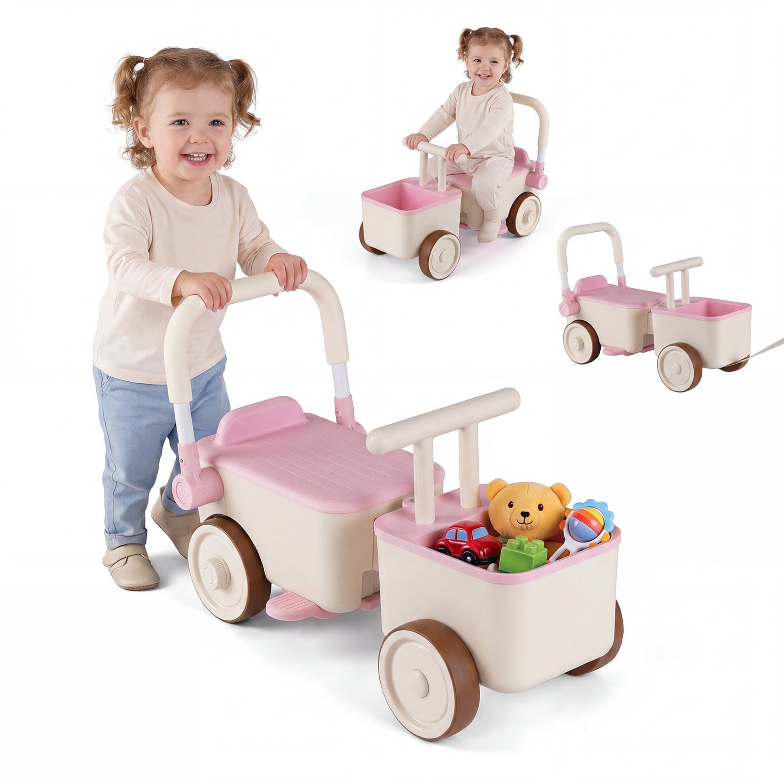 Costway 3-in-1 Loopwagen en Kinderwagen met Opbergruimte, Roze