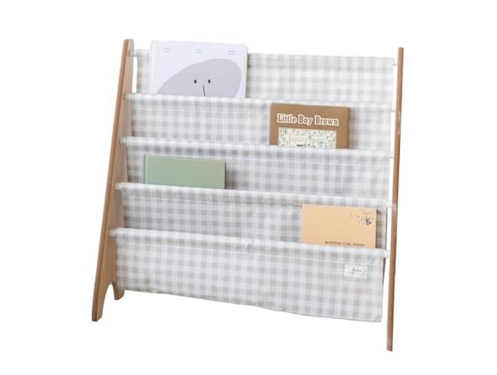 3 Sprouts Bücherregal Kinder, 35 Bücher, Gingham Beige frontale Stoffablagen mit 4 Ebenen für Kinderzimmer, Kita und Leseecke Geschichten bleiben sichtbar und griffbereit