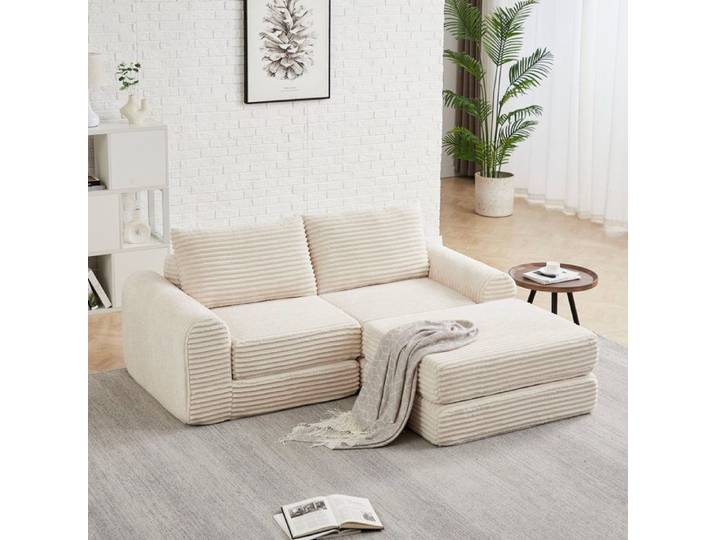 Cord-Zwei-in-Eins-Schlafsofa velours côtelé 2-en-1 Canapé-lit avec deux oreillers Beige Accoudoirs incurvés élégants