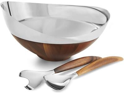Nambe Pulse Salad Bowl with Servers - 12” x 13” Bowl with 11.5” Servers