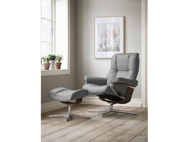 Relaxsessel, Leder Batick, Grau (Wild Dove), 79×102×73 cm, Mit Hocker, Cross Base, Stressless