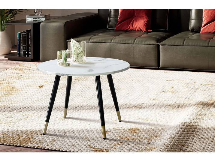 Couchtisch Necarney - rund Ø 60cm Weiß/Marmor Weiß Dekor