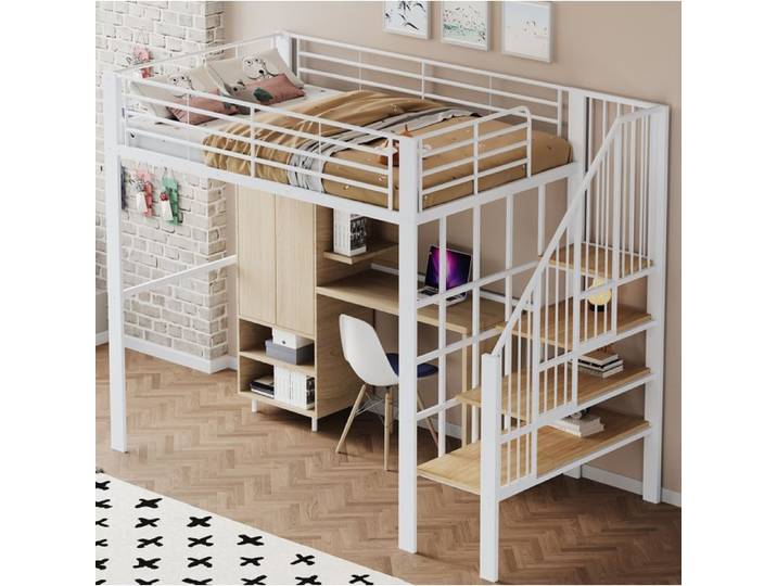 MEUBLIV Lit mezzanine enfant 140x200 cm avec escalier et espace de rangement métal + bois blanc