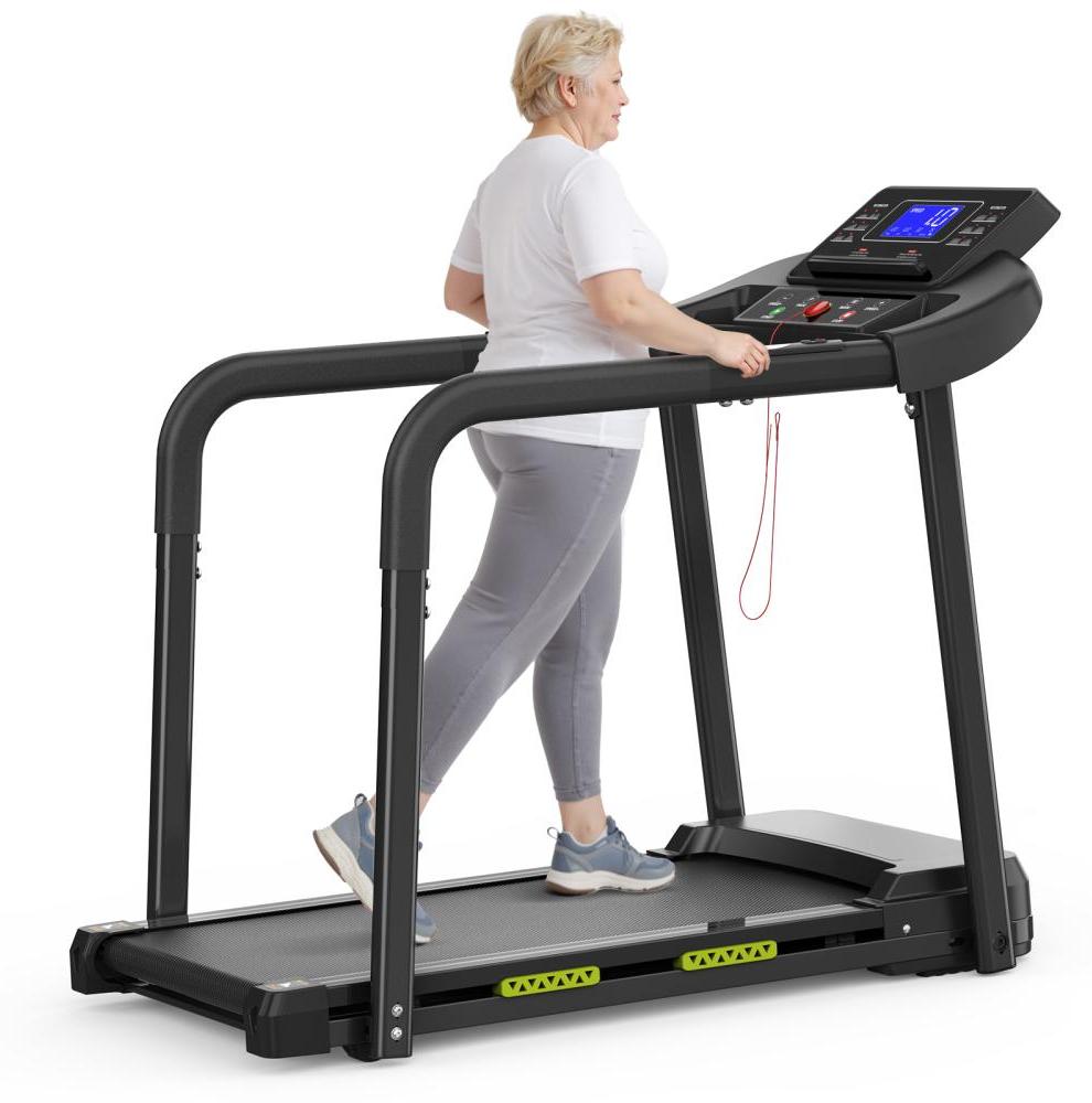 AIORBER Faltbares Laufband für Senioren, bis 135 kg, lange Handläufe, LED-Display, leise, klappbar, Heimtrainer, Schwarz
