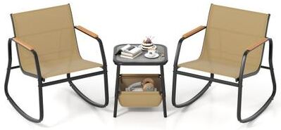Costway 3 Piece Rocking Bistro Chairs and Side Table Set with Storage Bag-Brown