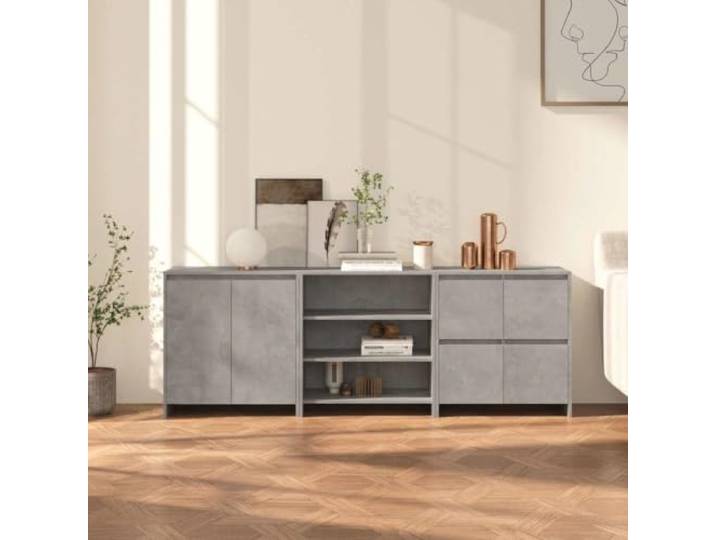 RJPLMFV Anrichte niedrig, Betongrau, 3-teilig, Holz, Technik Seitliche Aufbewahrung, robuste Oberfläche, leicht zu reinigen, ideal für Dekoration