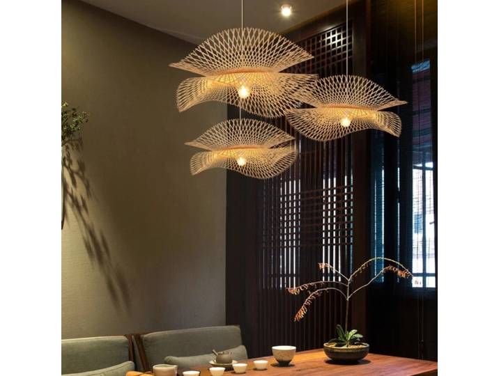 Lampe suspendue en bambou de style asiatique, lustre moderne fait à la main pour îlot de cuisine, lampe suspendue de restaurant, luminaire en rotin