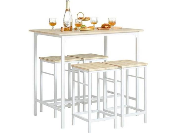 SoBuy Ensemble Table Haute avec 4 Tabourets Mange Debout Compact Style Industriel Cuisine Salon Balcon Blanc Naturel Table Cuisine