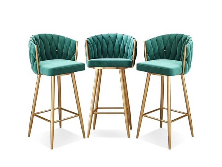 LJISEHG 360° drehbare Barhocker im 3er-Set, Grün-goldene Barhocker mit Stahlbeinen und Fußstütze for das Esszimmer in der Küche