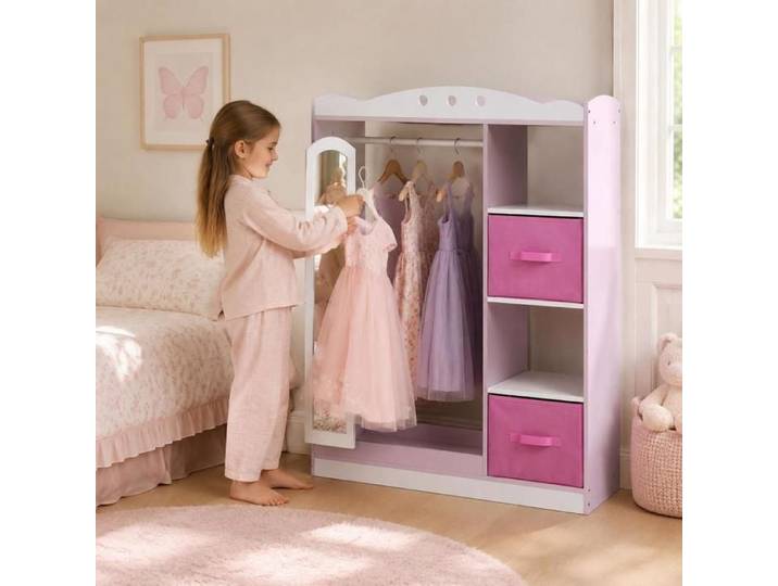 Pour Enfant Accès Facile Meuble Penderie Dressing avec Miroir Pleine Longueur Étagères et 2 Tiroirs Tissu Rose