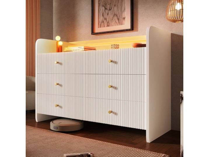 Buffet - commode avec éclairage LED et 6 tiroirs - design rainuré ondulé - 120x40x75cm - blanc