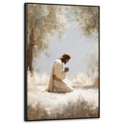 LEINWAND Bilder mit Rahmen - Jesus - Kniend - Waldlandschaft - Betend - 80x120