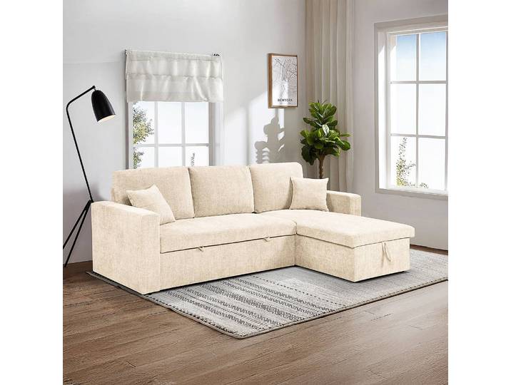Ecksofa COVENTRY mit Schlaffunktion Beige Webstoff Tomoe 223 x 85 x 146cm Longchair beidseitig montierbar mit Schlaffunktion Modern