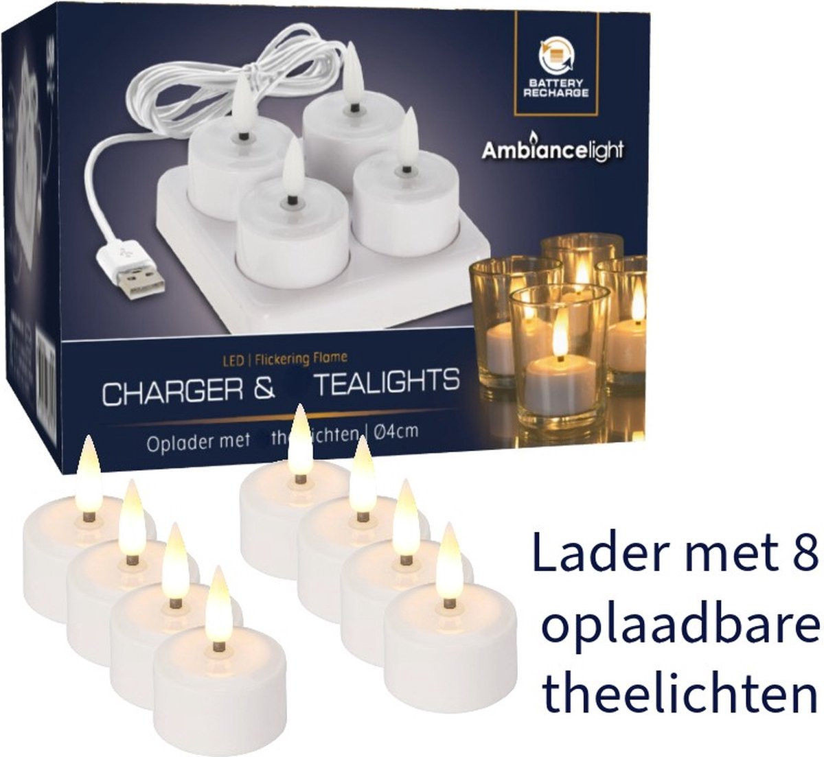 Ambiance light 8 oplaadbare LED theelichtjes met lader