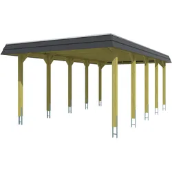 Skan Holz Walmdach Carport-396x741cm-schwarze Blende-imprägniert (farblich unbehandelt) Holzcarport