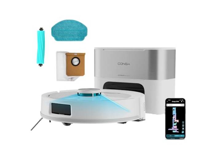 Cecotec Robot Aspirateur Base Vidage Automatique 3L - 25000Pa - Conga Y80 Pearl. Autonomie 240min en Mode Éco\, Brosse Silicone\, Idéal Maisons avec Animaux\, Bluetooth et WiFi\, Inclut 1 Serpillière