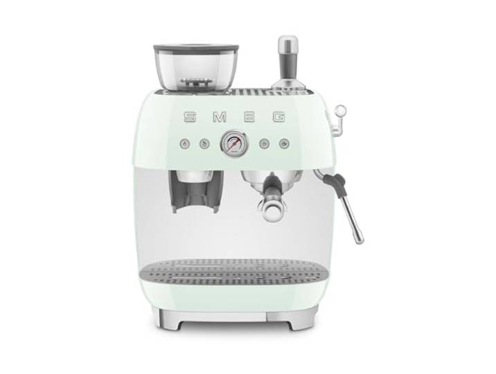 Smeg, EGF03PGEU, manuelle Espressomaschine, mit integrierter Kaffeemühle, Thermoblock, 4 Temperaturstufen, Dampfdüse und Druckmesser, 1-l-Tank, kompakte Größe, 1350 W, Creme, Pastellgrün