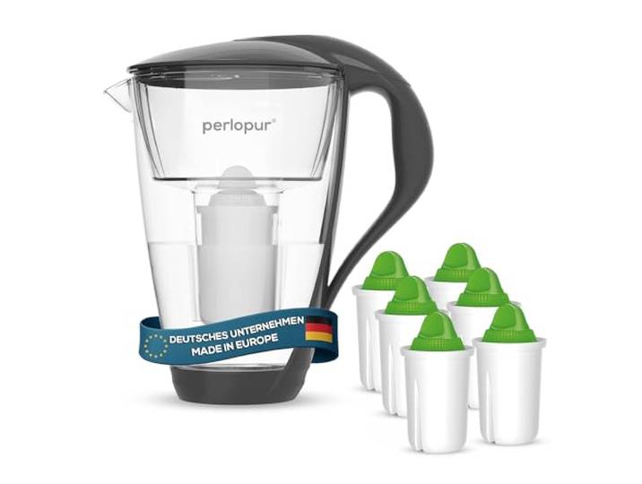 perlopur® Glas-Wasserfilter (anthrazit) +6 Filterkartuschen Alkaline Borosilikatglas, 2 l gesamt, 1 l gefiltert, LED-Anzeige, für classic Kartuschen, hebt den pH-Wert an, für basisches Wasser