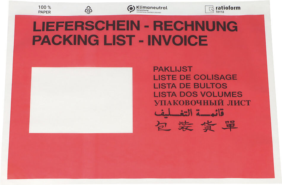 Dokumententaschen aus Papier, Aufdruck Lieferschein - Rechnung, VE 1000 Stk, LxB 240 x 175 mm, rot ratioform
