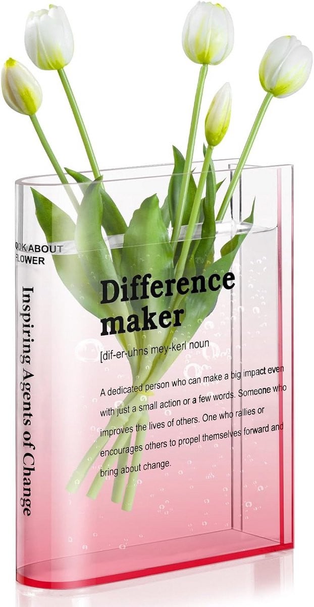 Decoratieve Boekvaas van Acryl - Transparante Bloemenvaas met Difference Maker Tekst voor Boekenplank