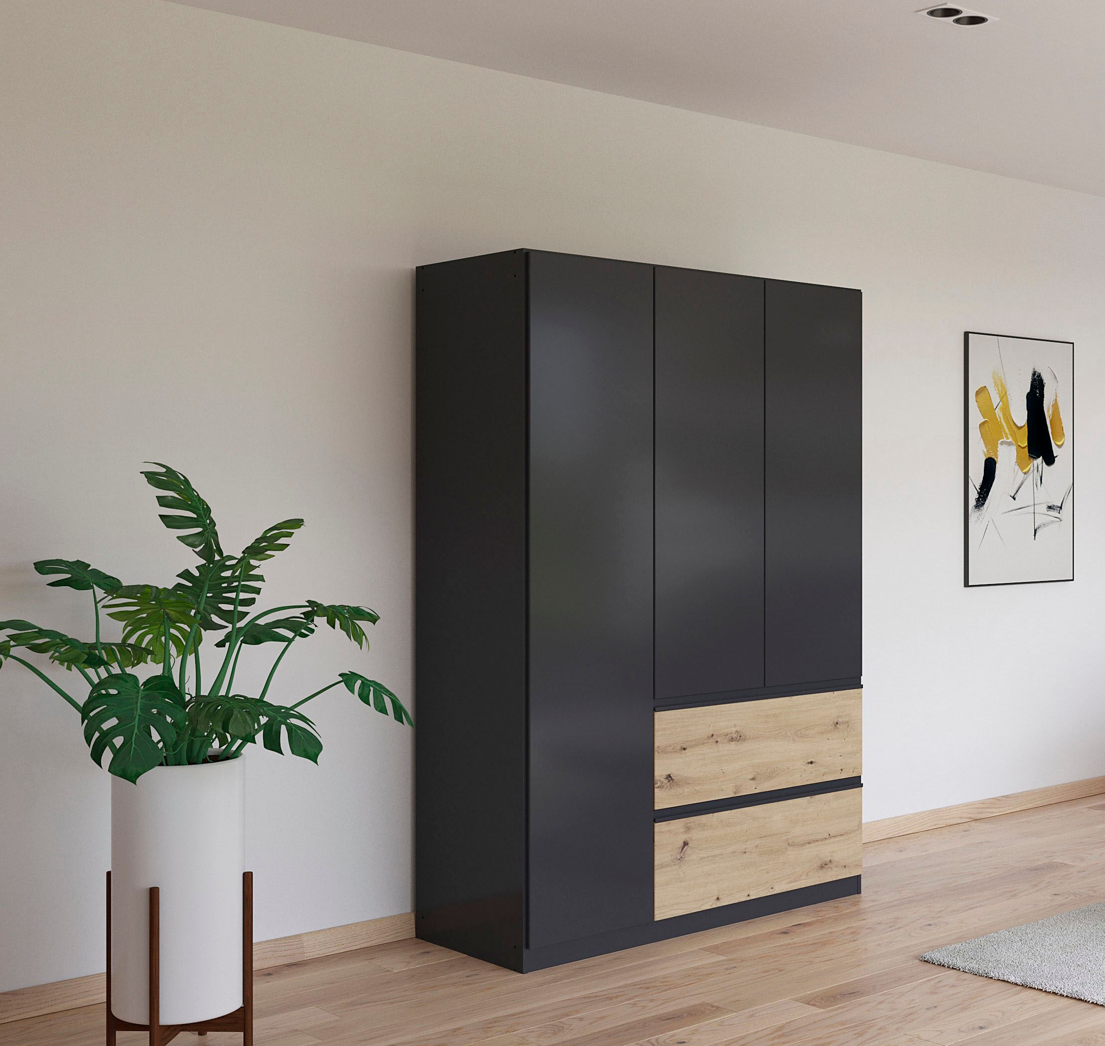 Drehtürenschrank RAUCH "Kleiderschrank Schrank Garderobe COSTA in den Breiten 91/136/181 cm", schwarz (graumetallic, eiche artisan, eingriffe graumetallic), B:136cm H:197cm T:54cm, Holzwerkstoff, Schränke, Drehtürenschrank, viel Platz, grifflose Front und