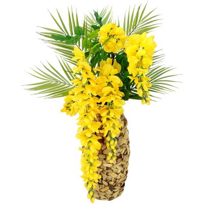 Kunstblume I.GE.A. "Blumenarrangement Goldregen mit Palmenzweige", gelb, B:45cm H:70cm, Kunstpflanzen, Vase aus Wasserhyazinthe