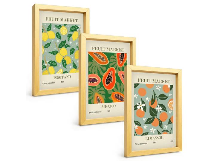 Tulup Bilder SET 3er Set - 20x30 cm Goldrahmen - Fruchtposter Zitronen Papayas, Goldfarben, Kunststoff, Rechteckig, 20x30 cm, Fotografie, Bilder & Rahmen, Bilder