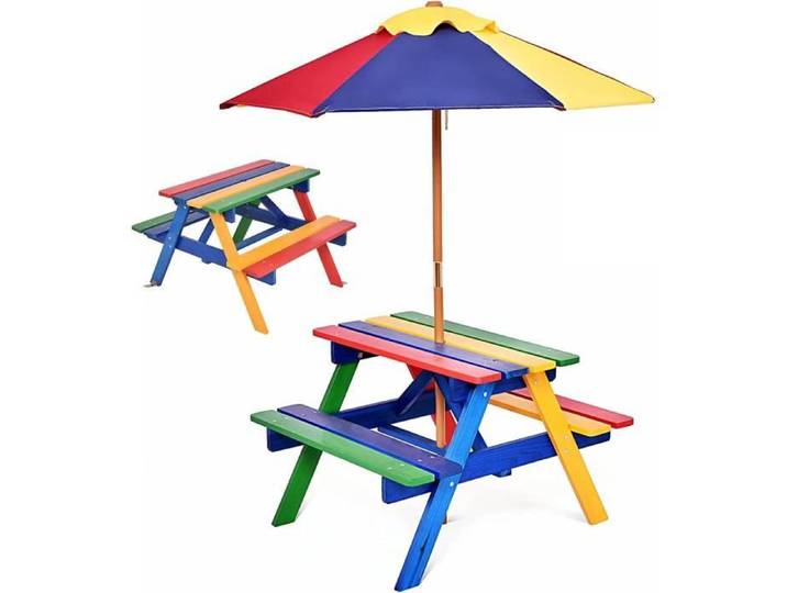 RELAX4LIFE Ensemble Salon de Jardin pour Enfant - 1 Table et 2 Bancs Plus 1 Parasol Multicolore Table en Sapin avec Trous