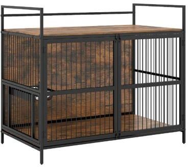 Costway Wooden Dog Crate Furniture for Medium Dogs with Bowls and Rotatable Holder-Brown