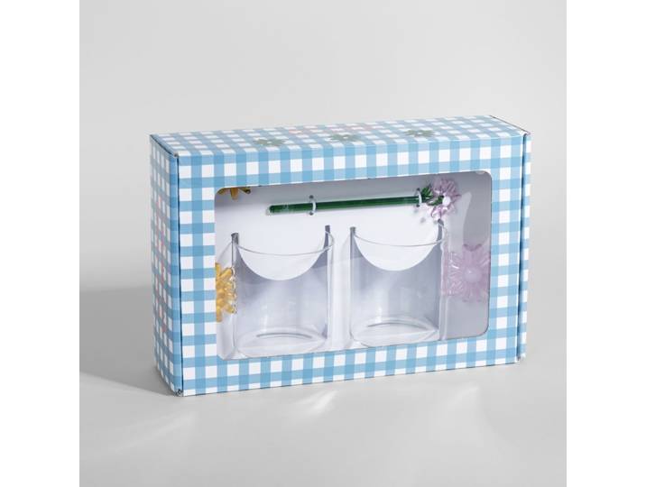 Set aus 2 durchsichtigen Glasbechern mit blumenförmigen Henkeln