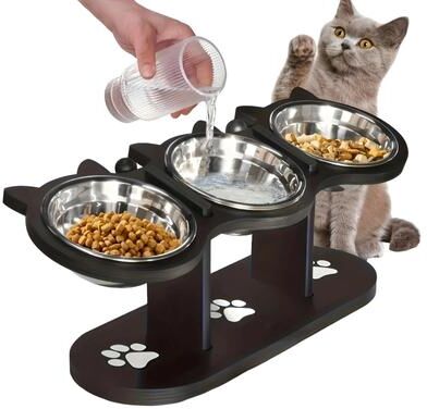 Inspired Finds Elevated Stainless Steel Cat Bowl Set With Wooden Feeding Stand Elevated Stainless Steel Cat Bowl Set With Wooden Feeding Stand