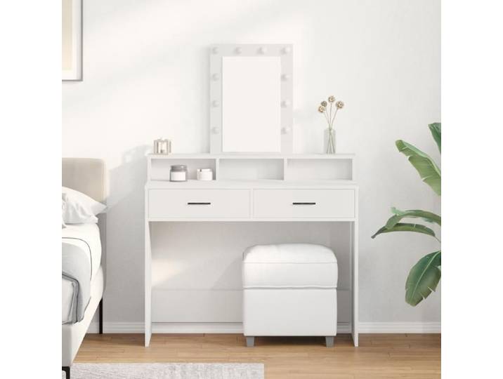 Coiffeuse moderne avec lumières LED - vidaxl - Blanc - 100x41x140 cm - Miroir 60x50 cm - 5 compartiments - 2 tiroirs