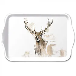 Ambiente Tablett Melamin 21x13cm mit Hirsch Motiv - kleines Serviertablett Frühstückstablett Tischdeko Herbst Winter Jagd Dekotablett rustikal Weiß Braun